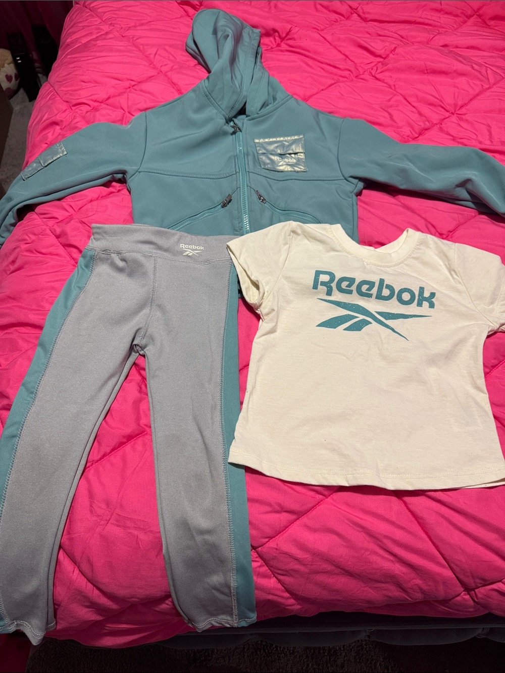 Reebok Teal Hoodie, Leggings & White Logo Tee Set